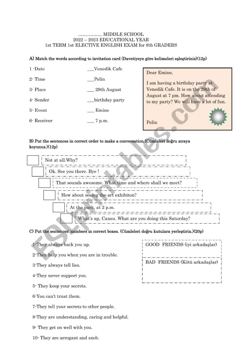 exam paper for the 8th classes for turkey