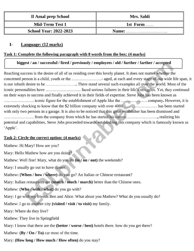 mid term Test 1 1st form  worksheet