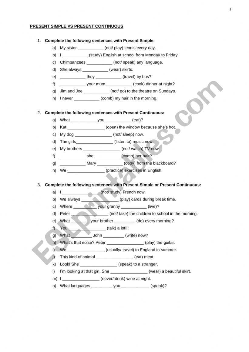 Present simple and continuous worksheet