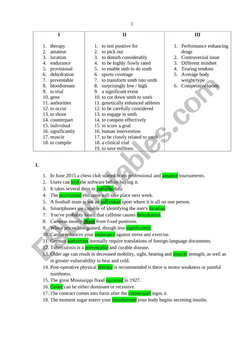 Sports worksheet
