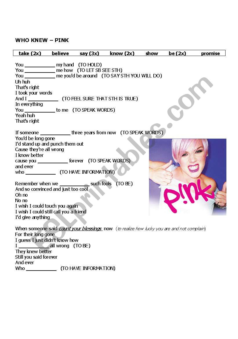 Song_Pink_Who Knew worksheet
