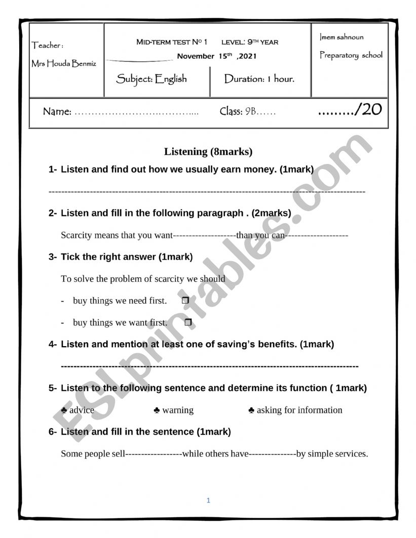 9th first term worksheet