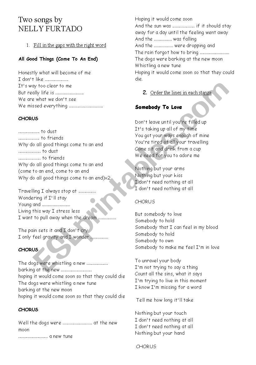 Two songs by Nelly Furtado worksheet
