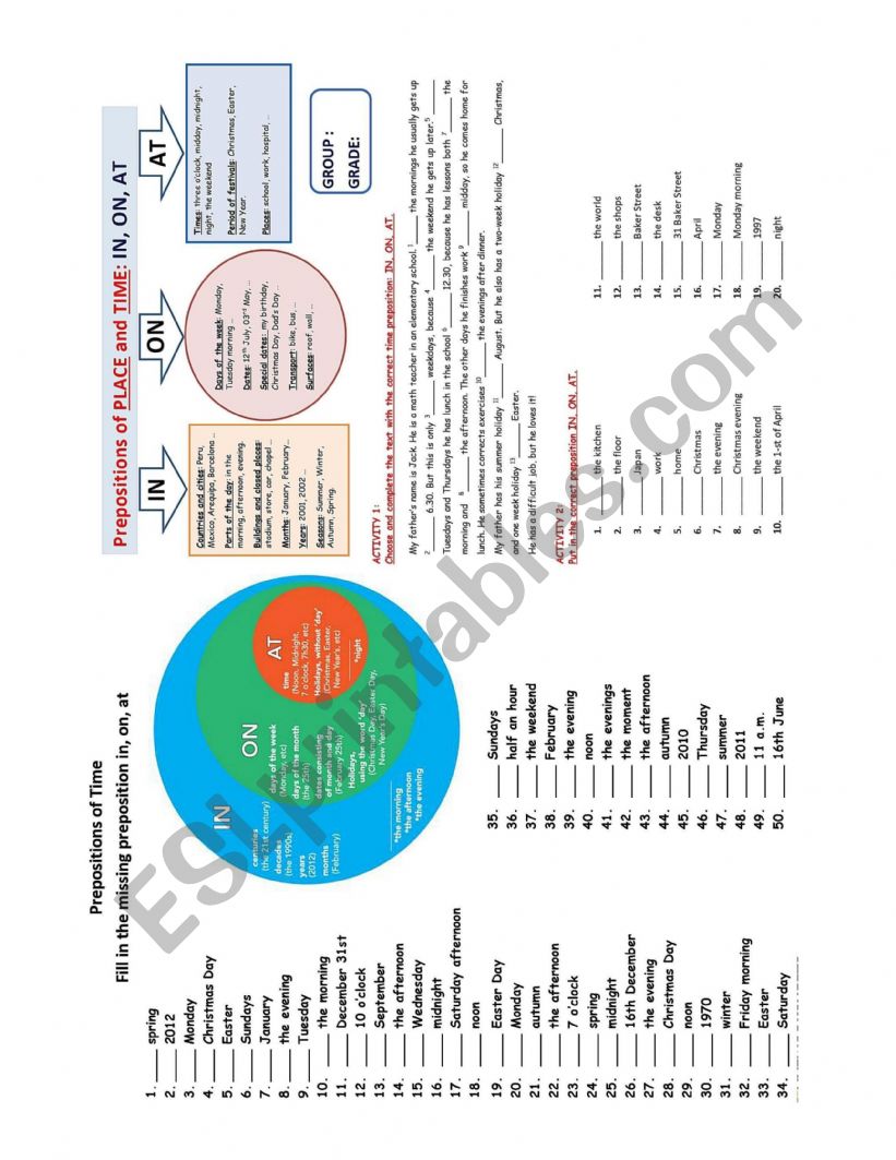 Preposition of time exercise worksheet