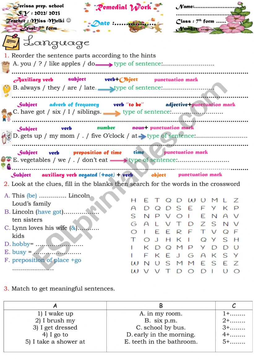 7th form remedial work worksheet