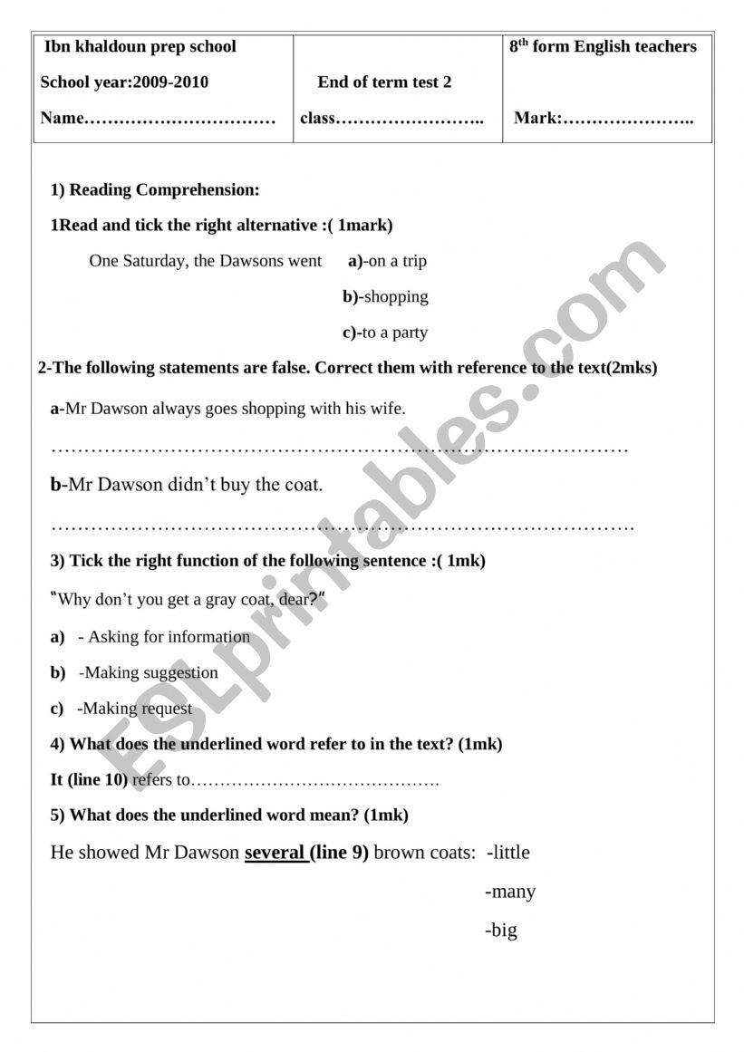 END TERM TEST 2 FOR  8TH worksheet