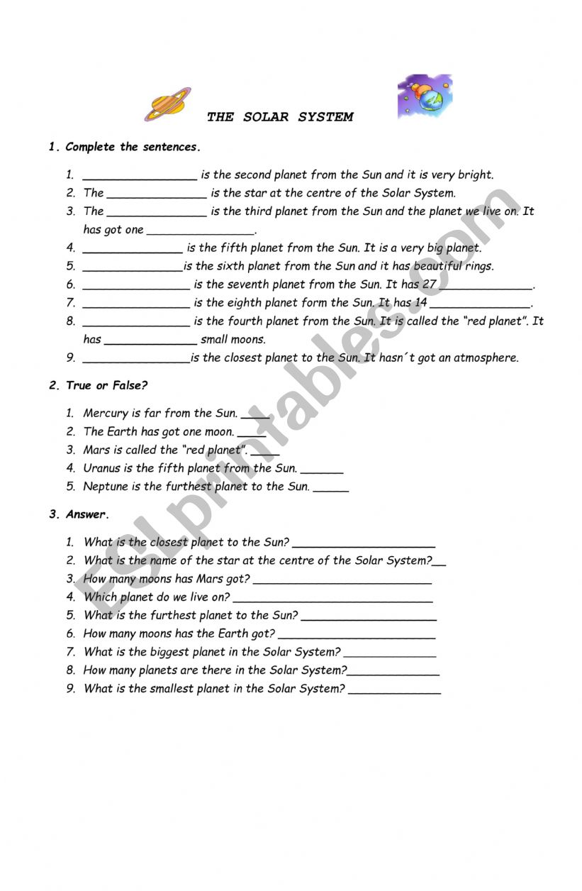 Solar System CLIL worksheet