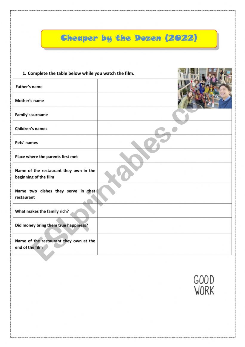 Cheaper by the Dozen 2022 - while-watching worksheet