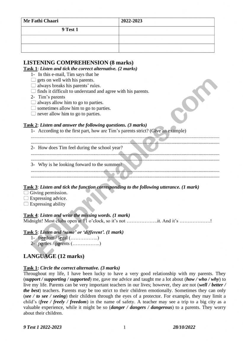 9 Test 1 2022-2023 worksheet