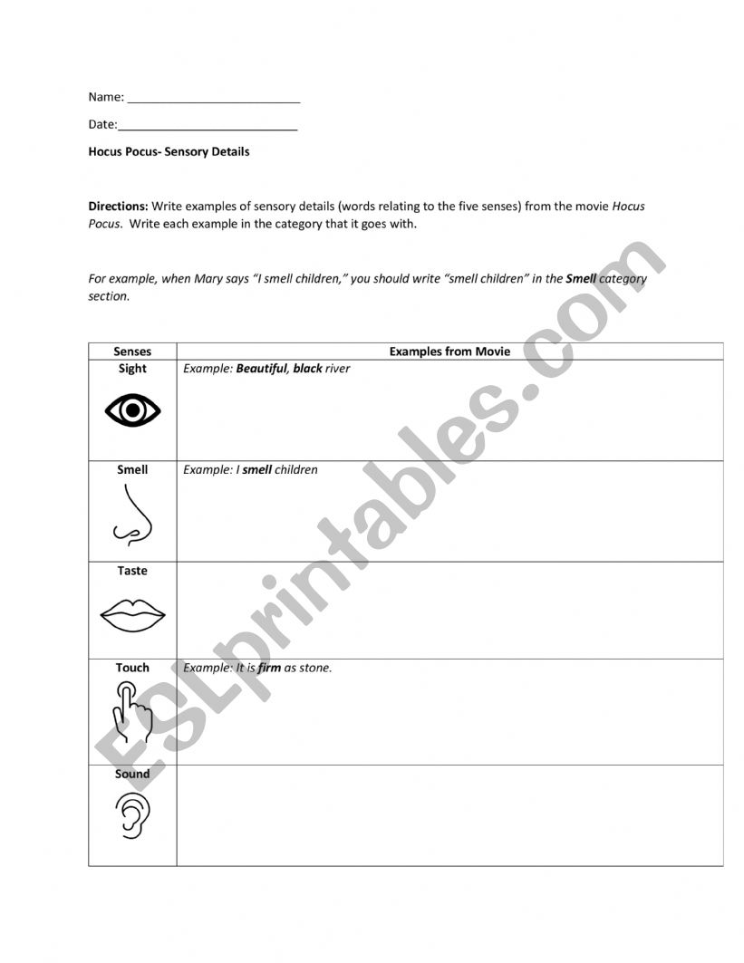 Hocus Pocus Sensory Language worksheet