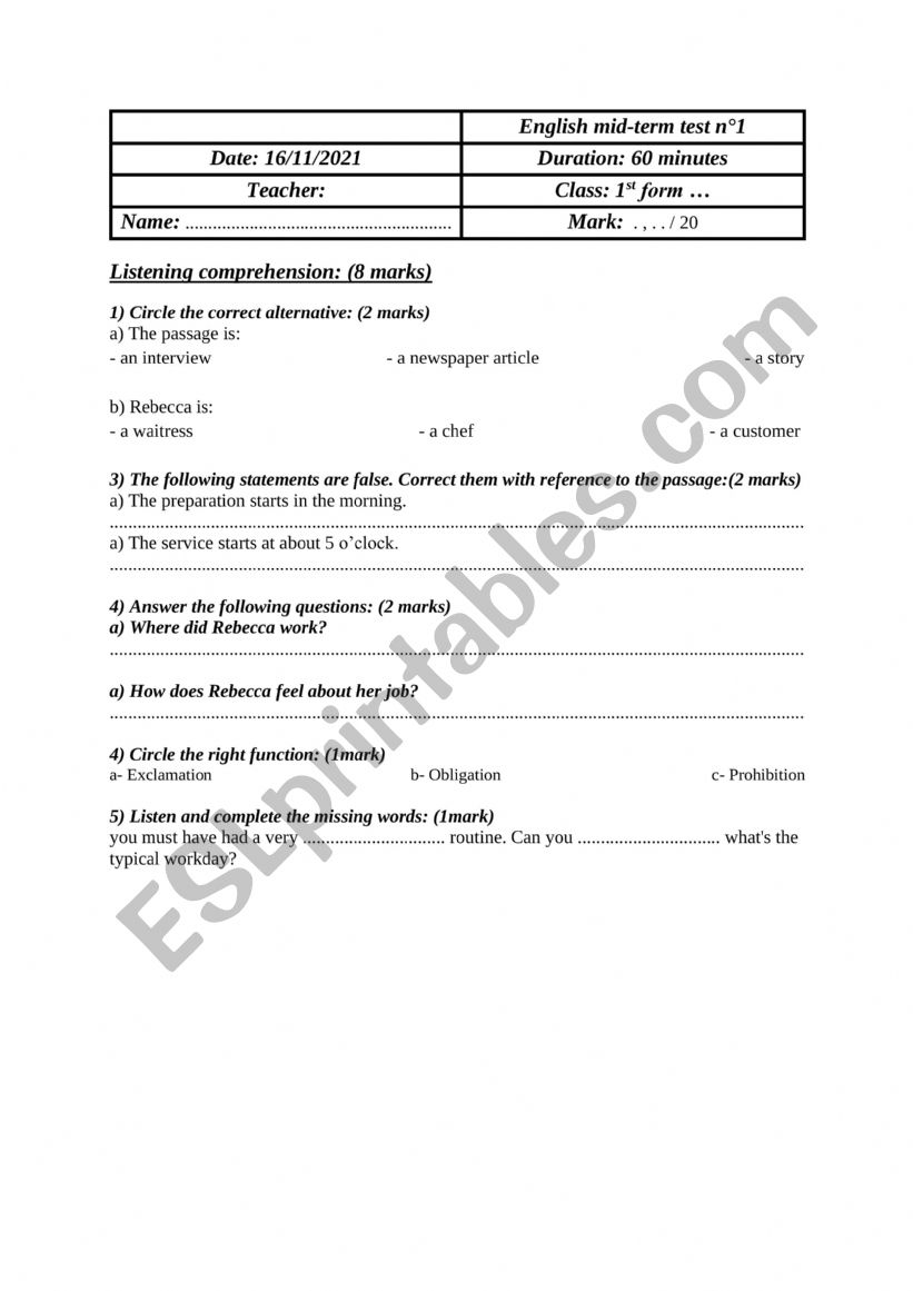 1st form Mid-term-test-1-restaurant