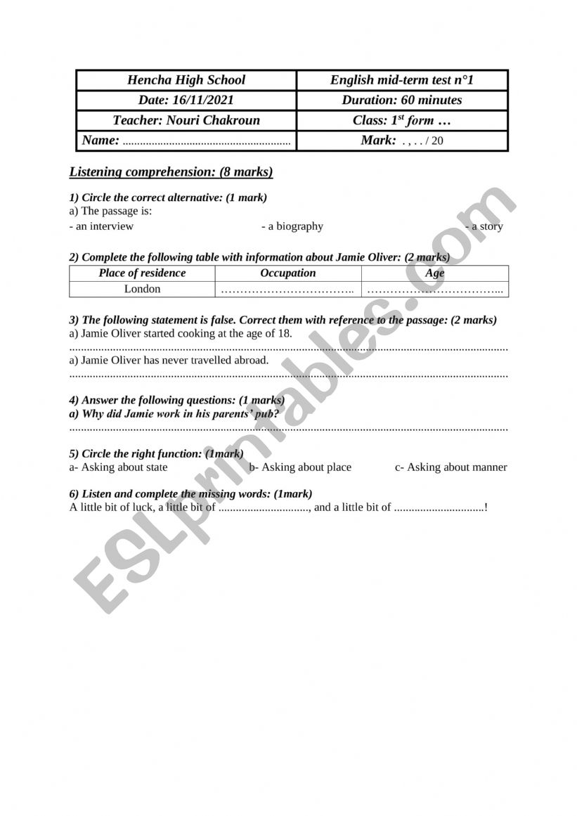 1st form Mid-term-test-1-Jamie-Oliver