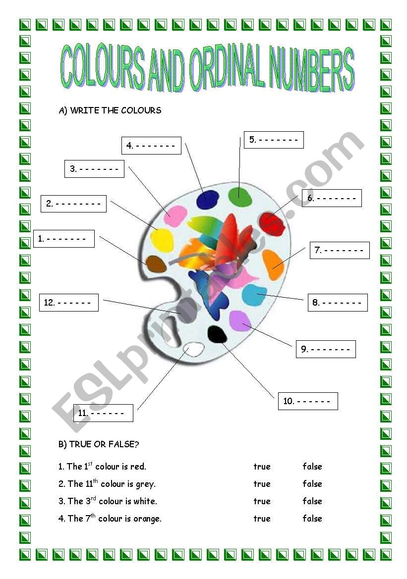 ORDINAL NUMBERS AND COLOURS worksheet