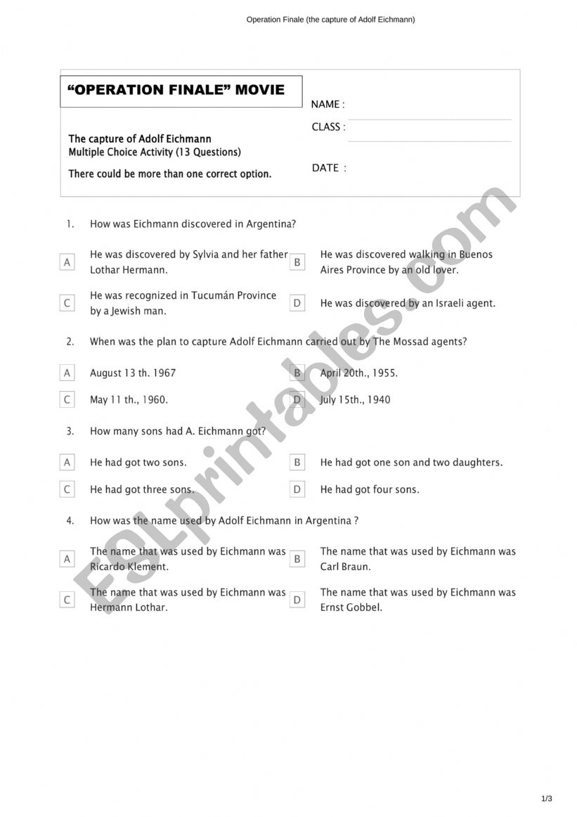 Operation Finale Movie worksheet