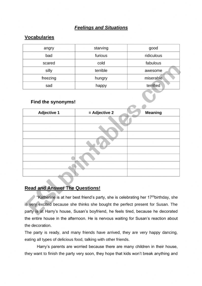 feelings and situation worksheet