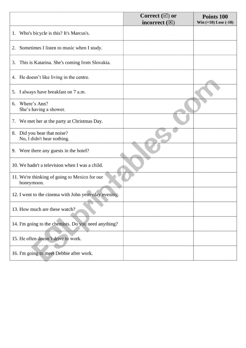 Grammar Revision game worksheet
