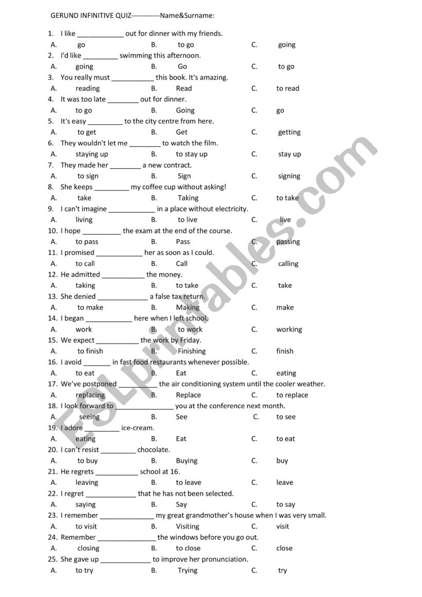 Gerund Infinitive Test worksheet