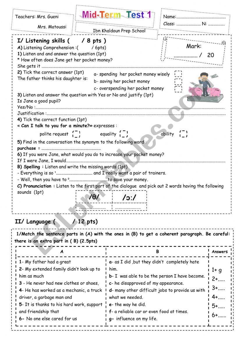 mid term test 1 9th form worksheet