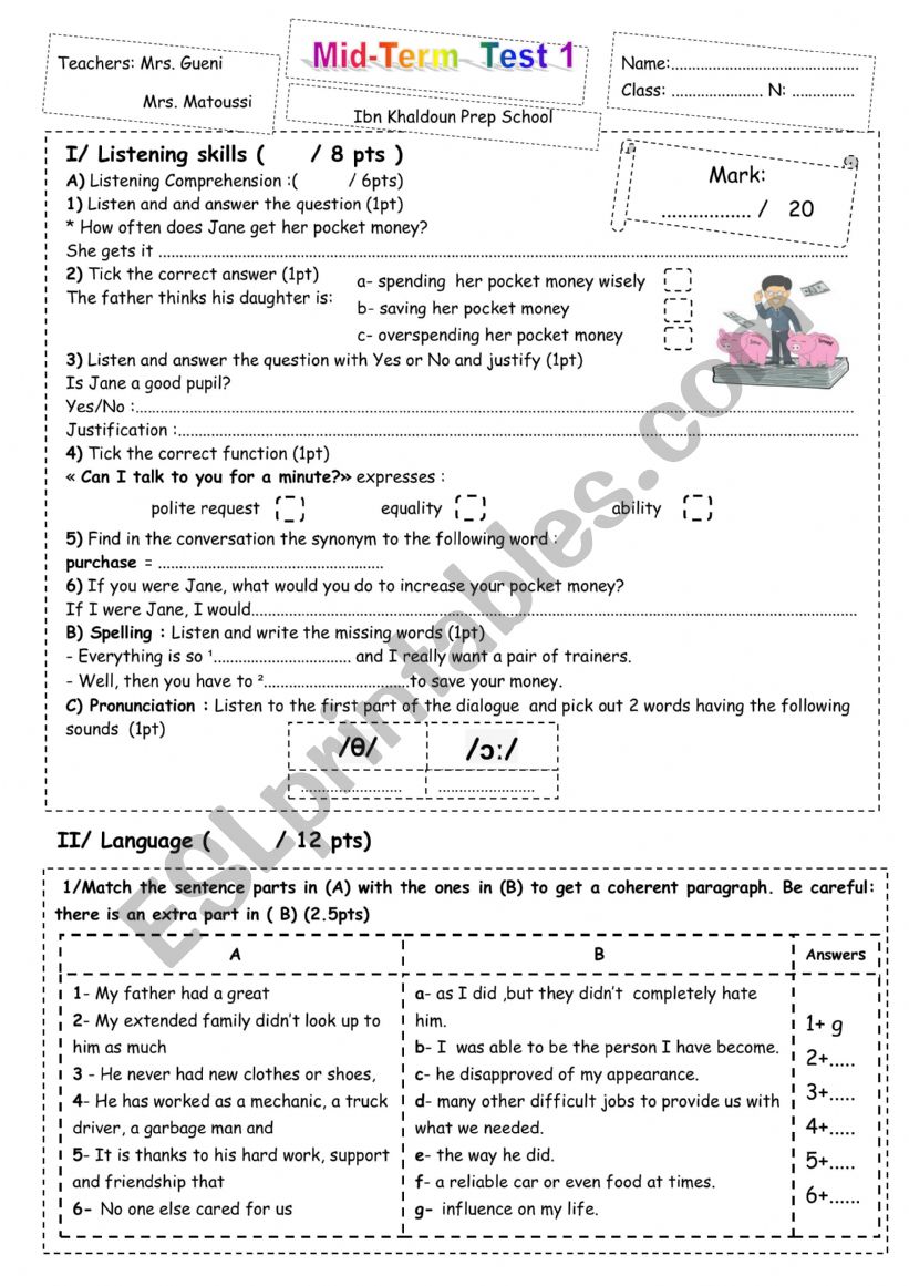 mid term test 1 9th form worksheet