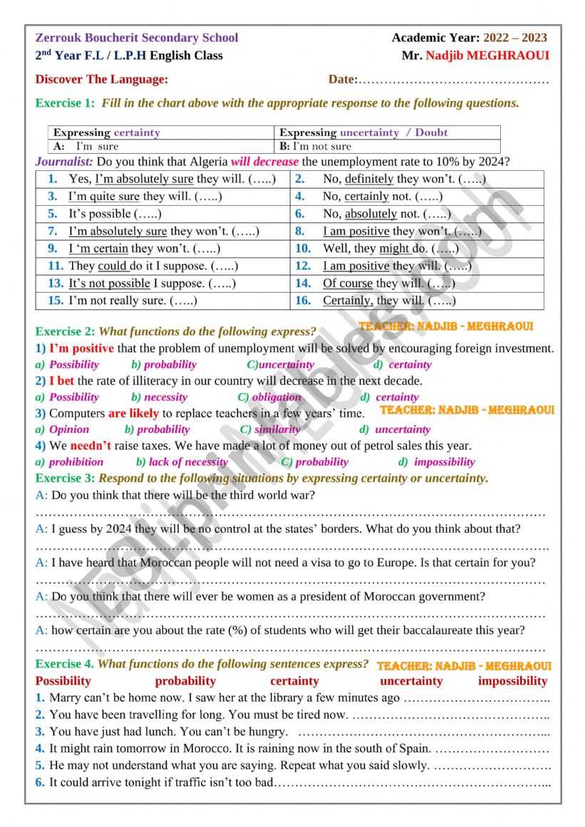 Certainty and Doubts worksheet