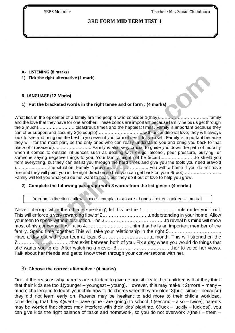 MID TERM 1 TEST 3RD FORM TUNISIAN PROGRAM