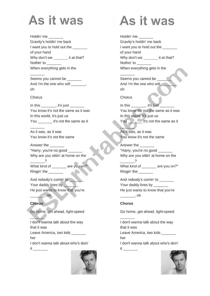 As it was - Harry Styles worksheet