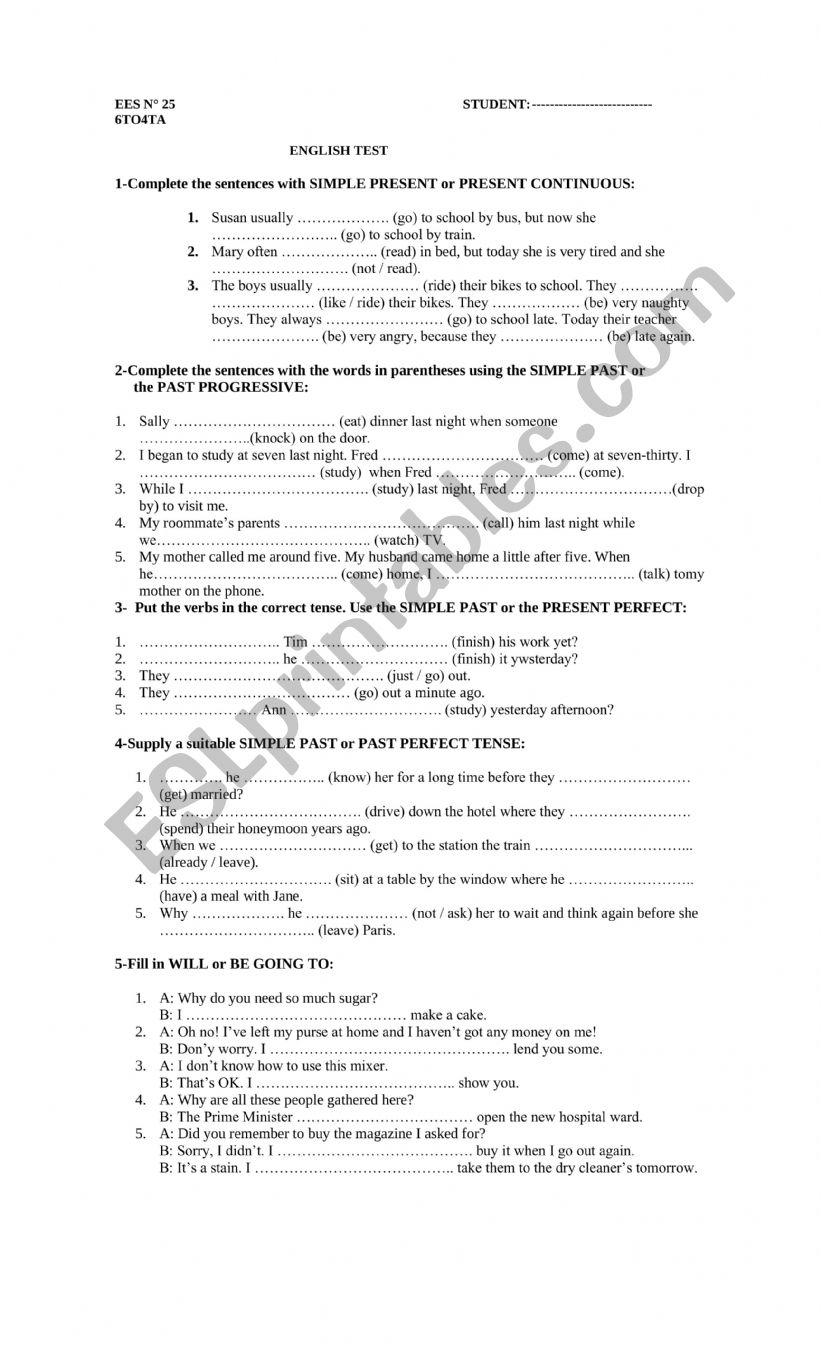 test worksheet