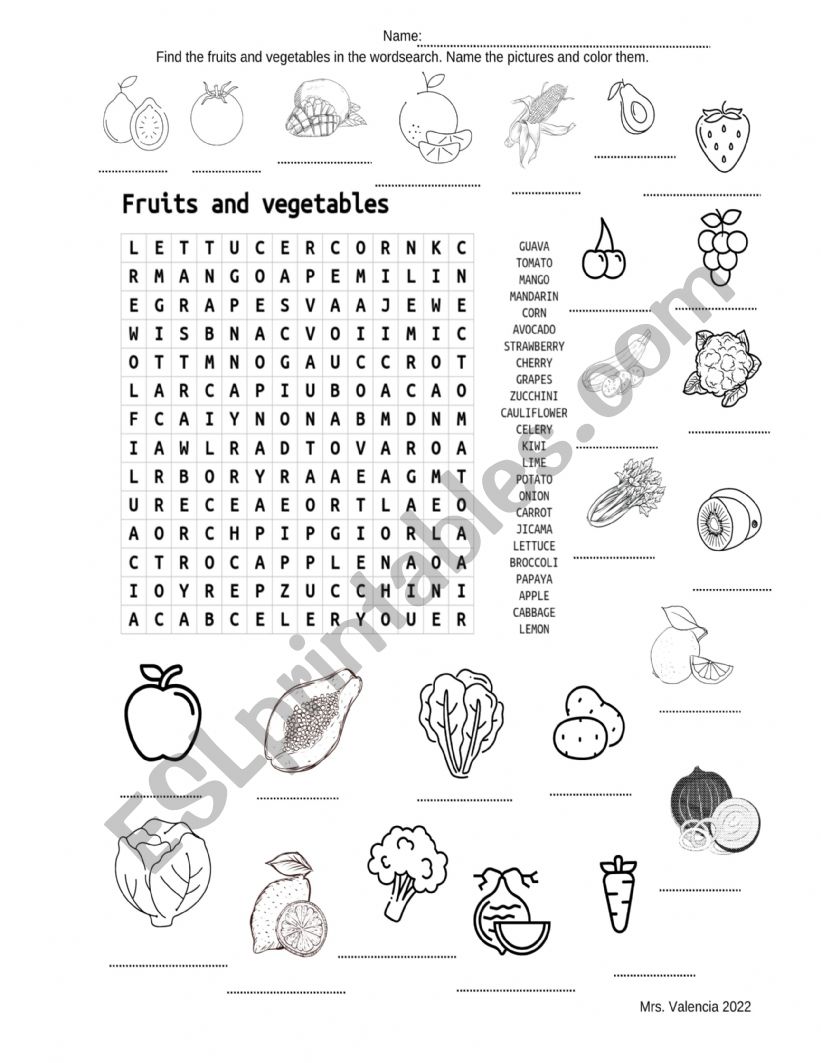 Fruits and Vegetables wordsearch with answer key 