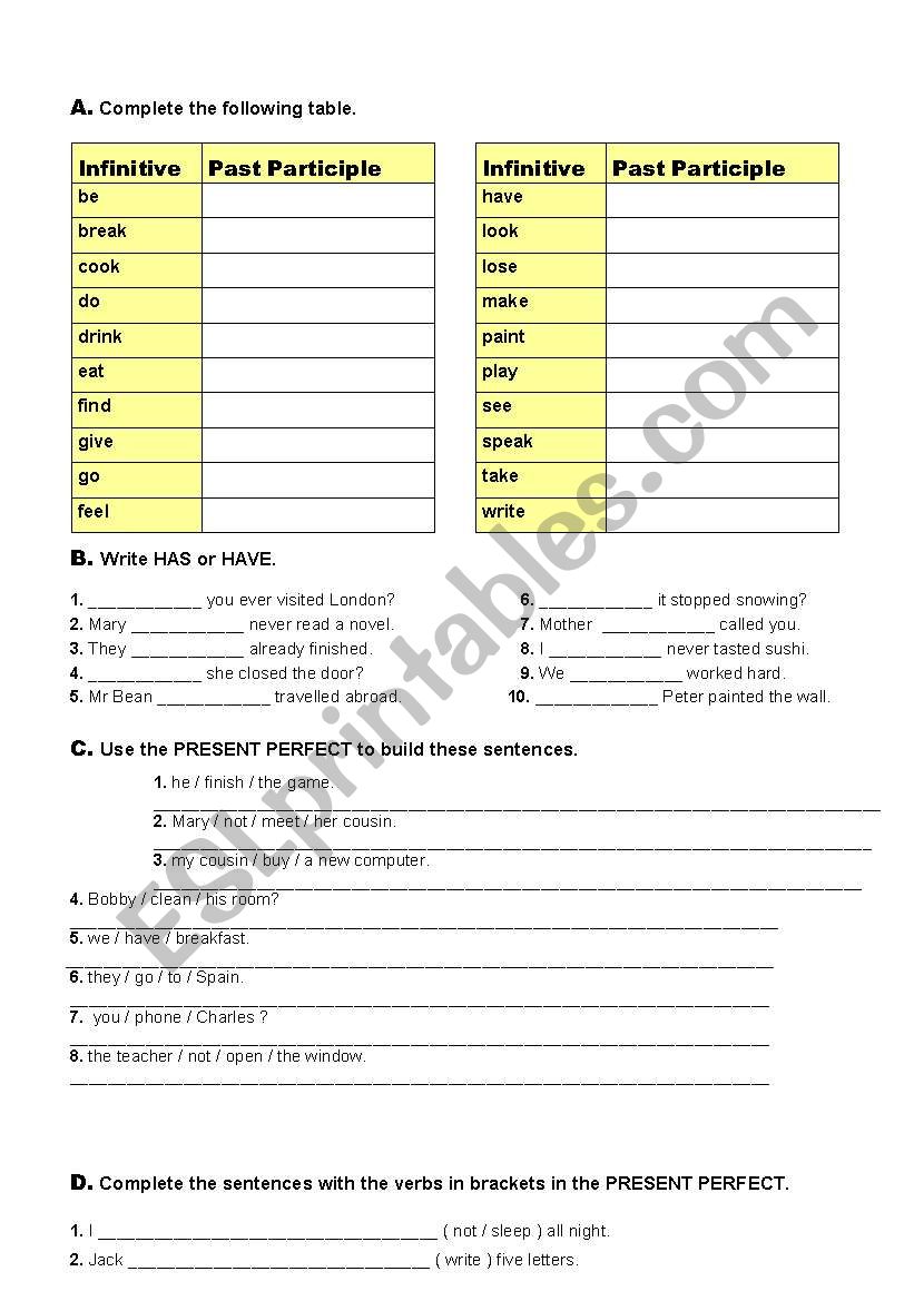 Present perfect worksheet