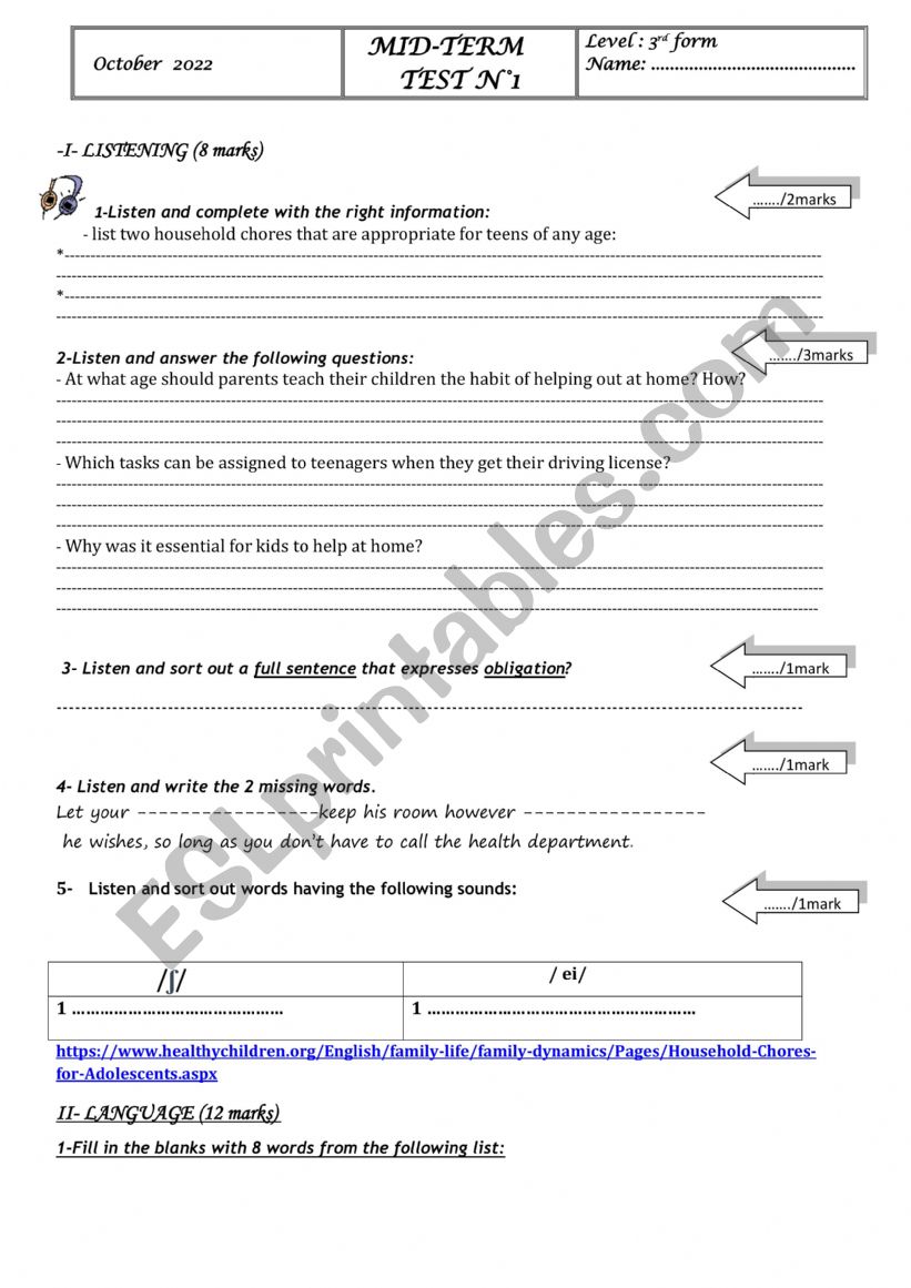 3rd form test worksheet