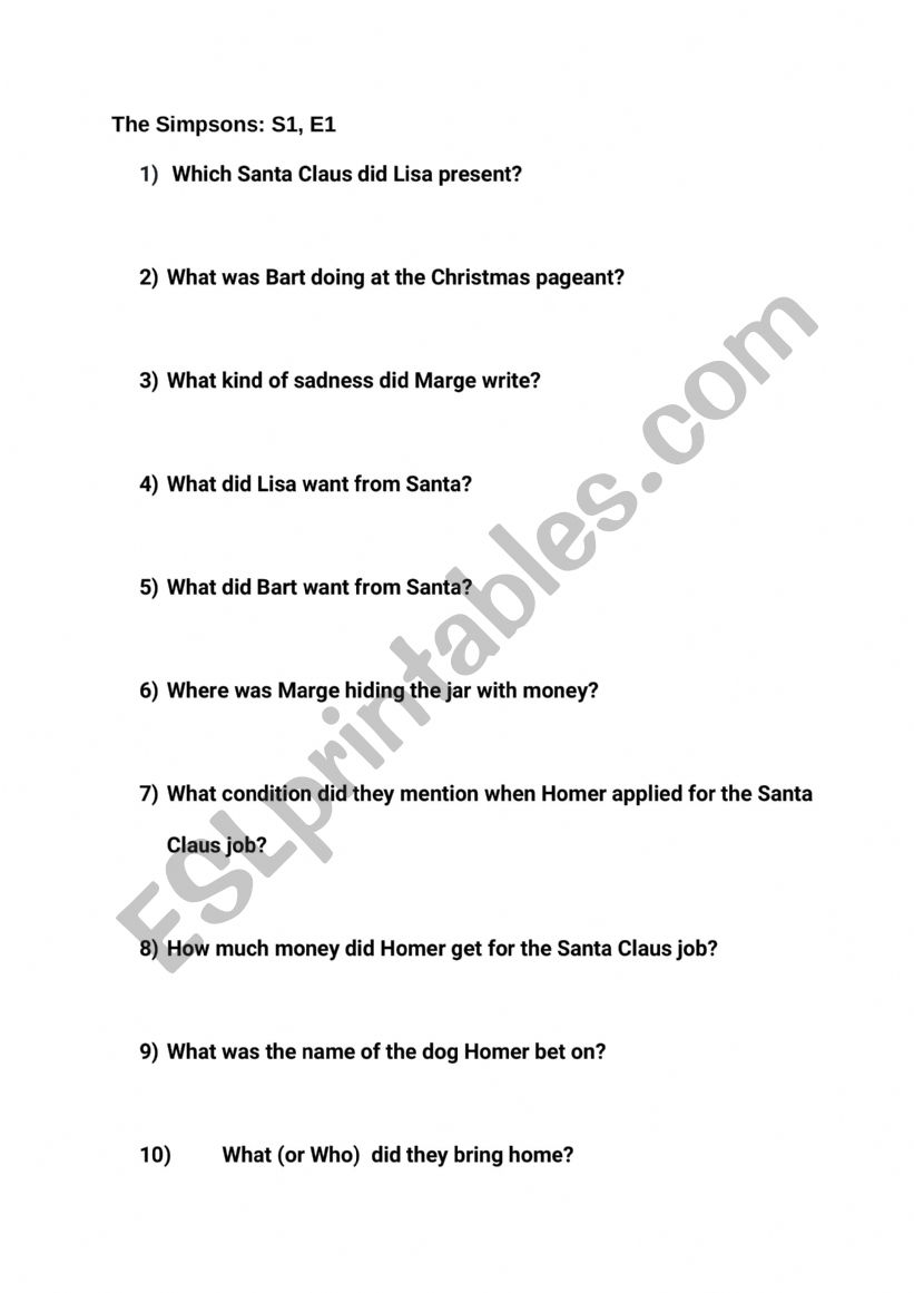 The simpsons S1, E1 worksheet