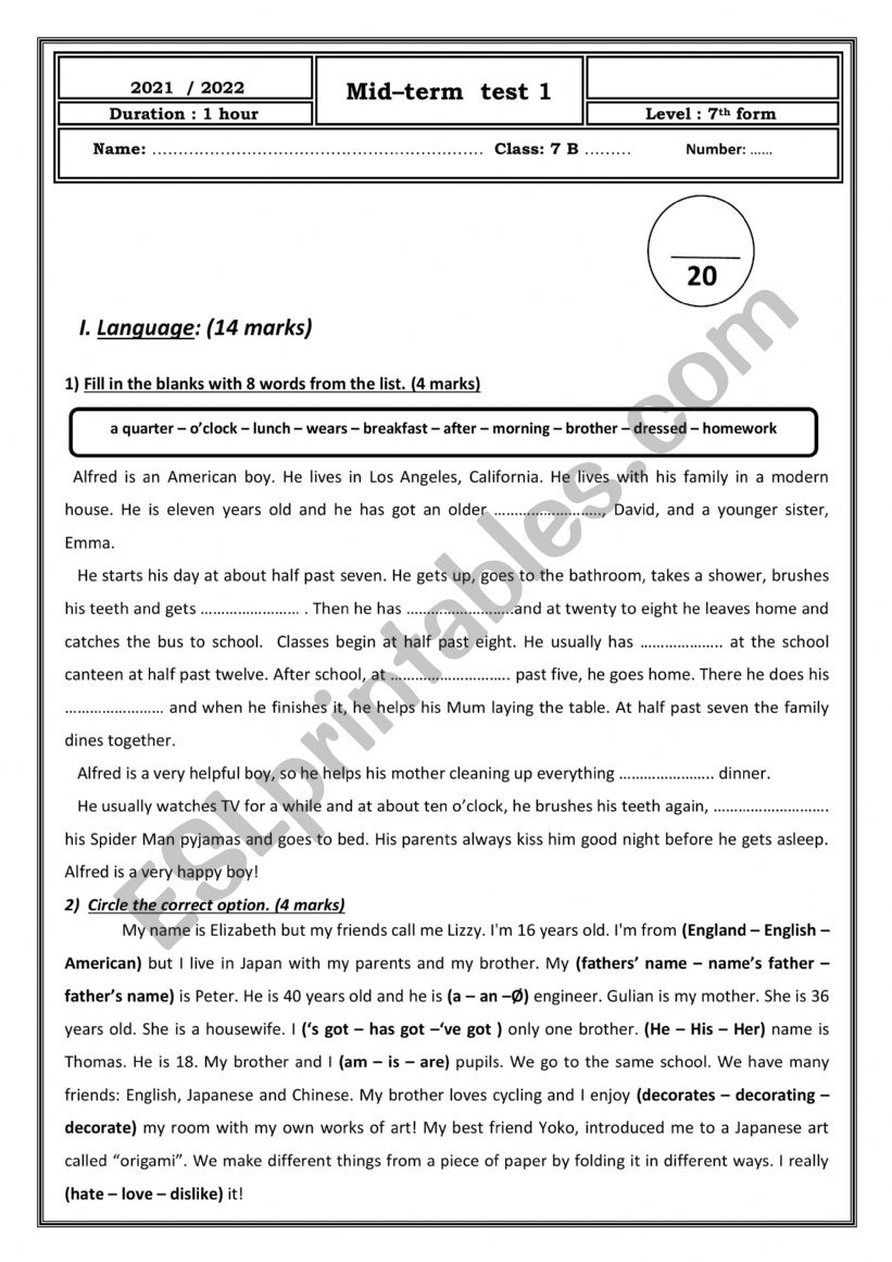 mid-term 1 test 7th form worksheet