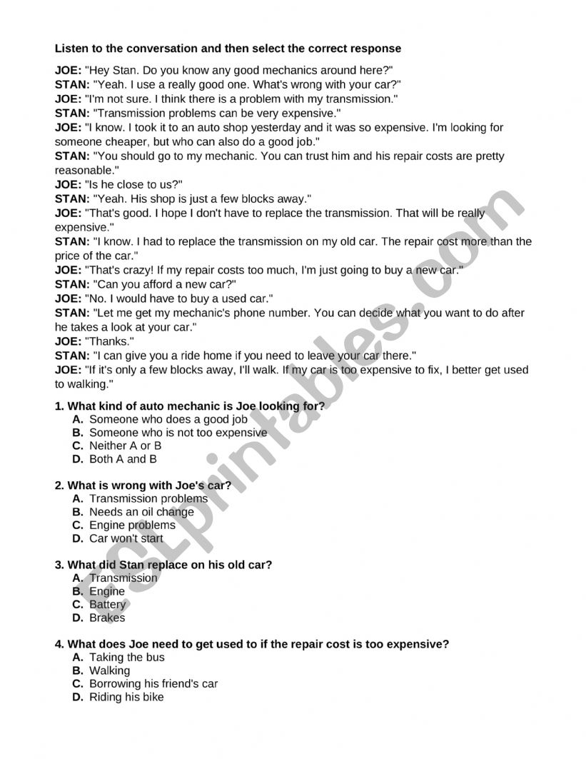 Car mechanic   worksheet