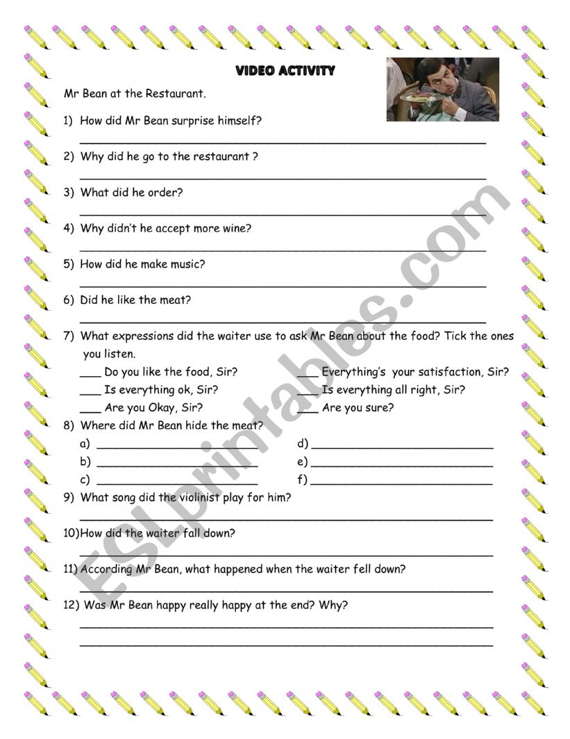 mr bean restaurant worksheet