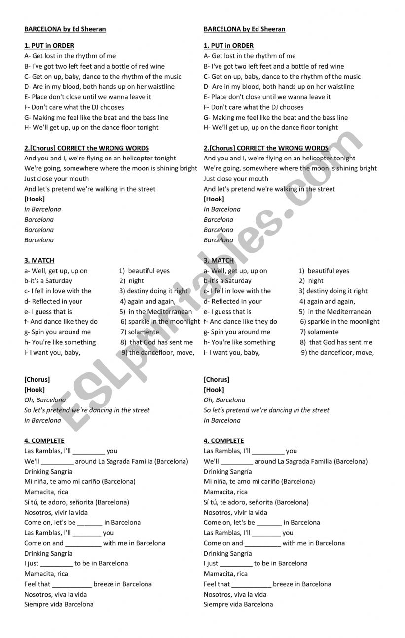 BARCELONA by Ed Sheeran worksheet