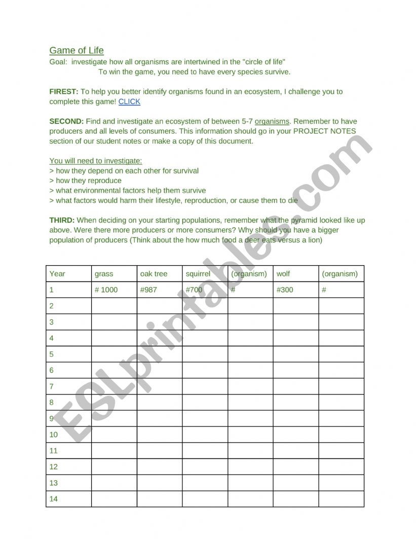 Game of Life Ecosystems worksheet