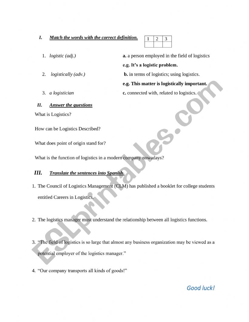 Logistic worksheet
