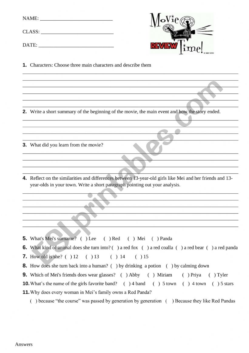 Turning Red Movie Questions worksheet