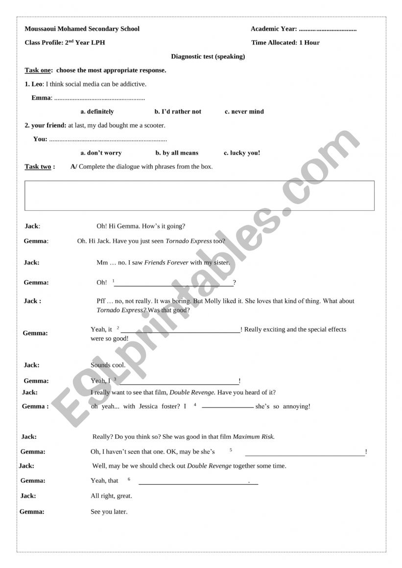 assessment 2lp (sppeaking) worksheet