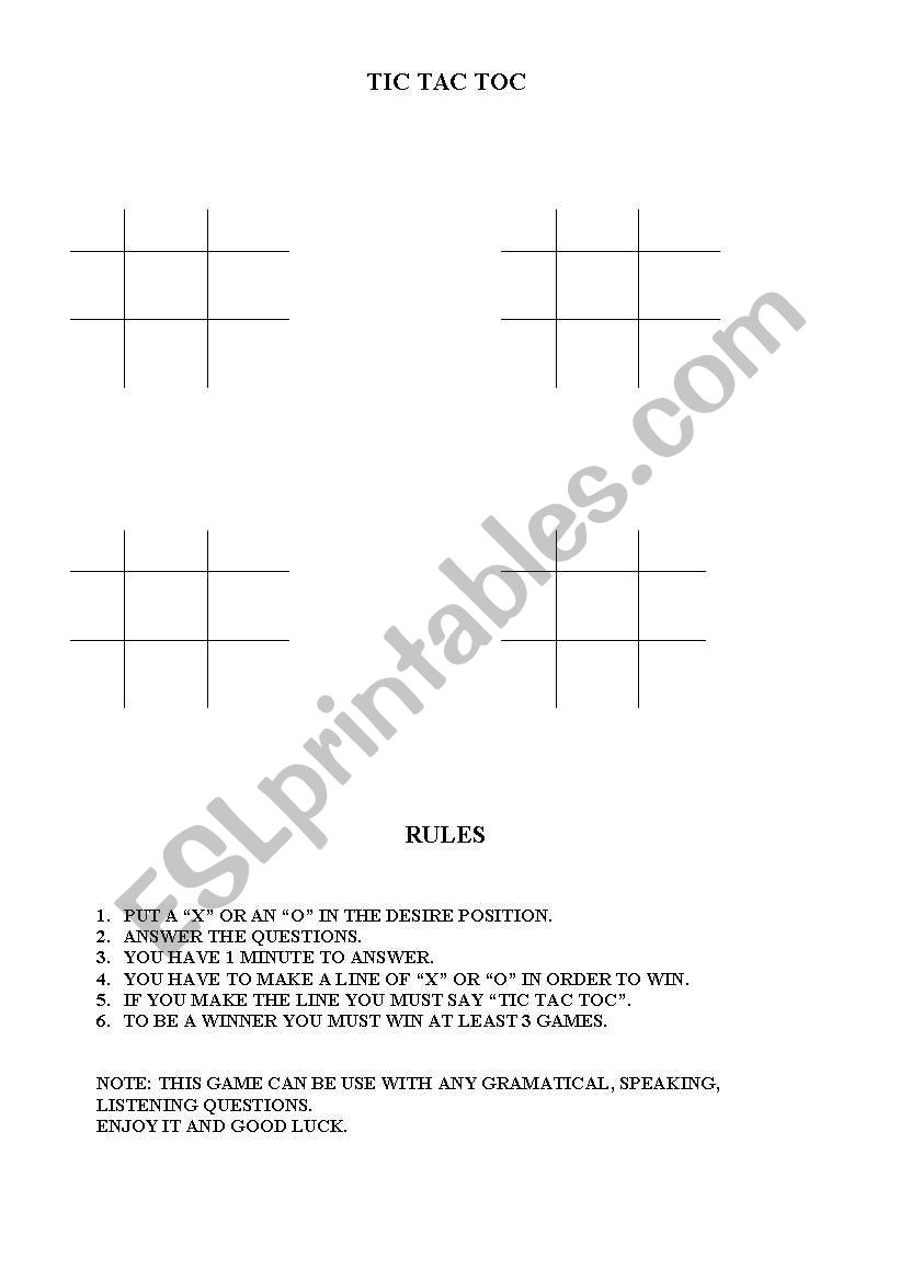 TIC TAC TOC RULES worksheet