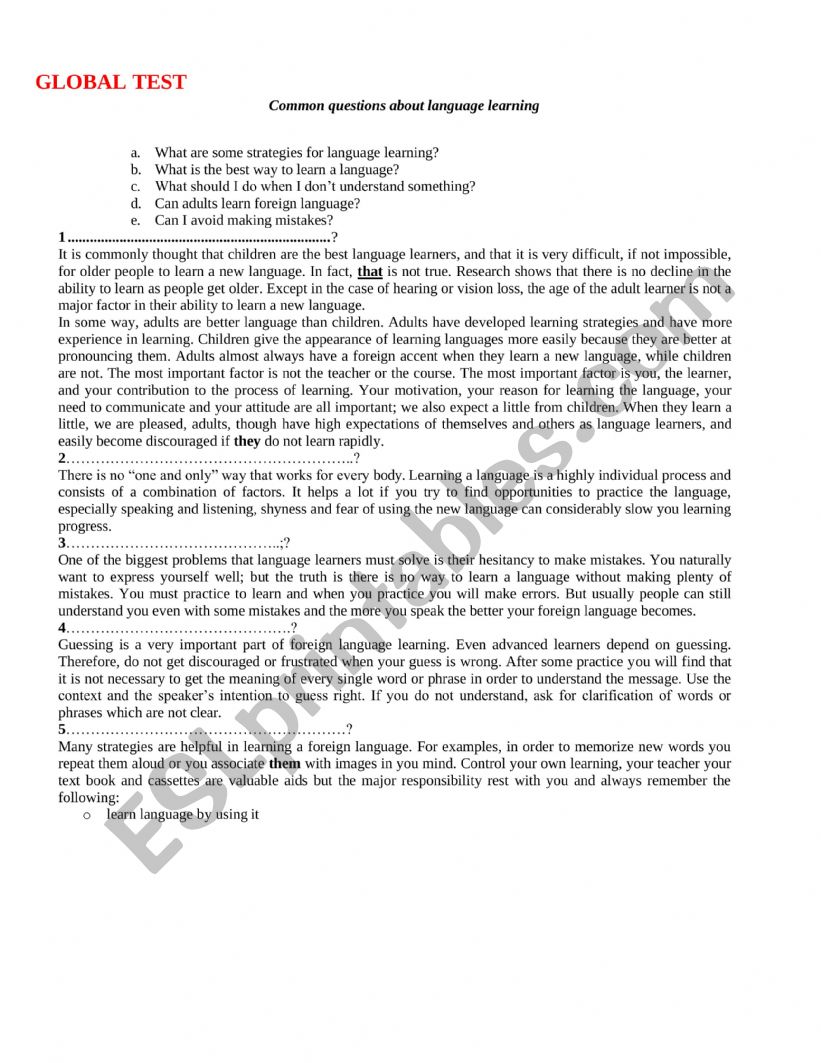 GLOBAL TEST ON COMMUNICATION worksheet