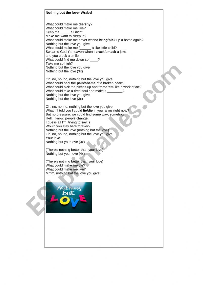 Song -Nothing but the love worksheet