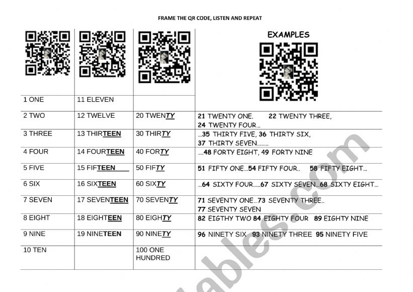 numbers 1-100 with audio worksheet