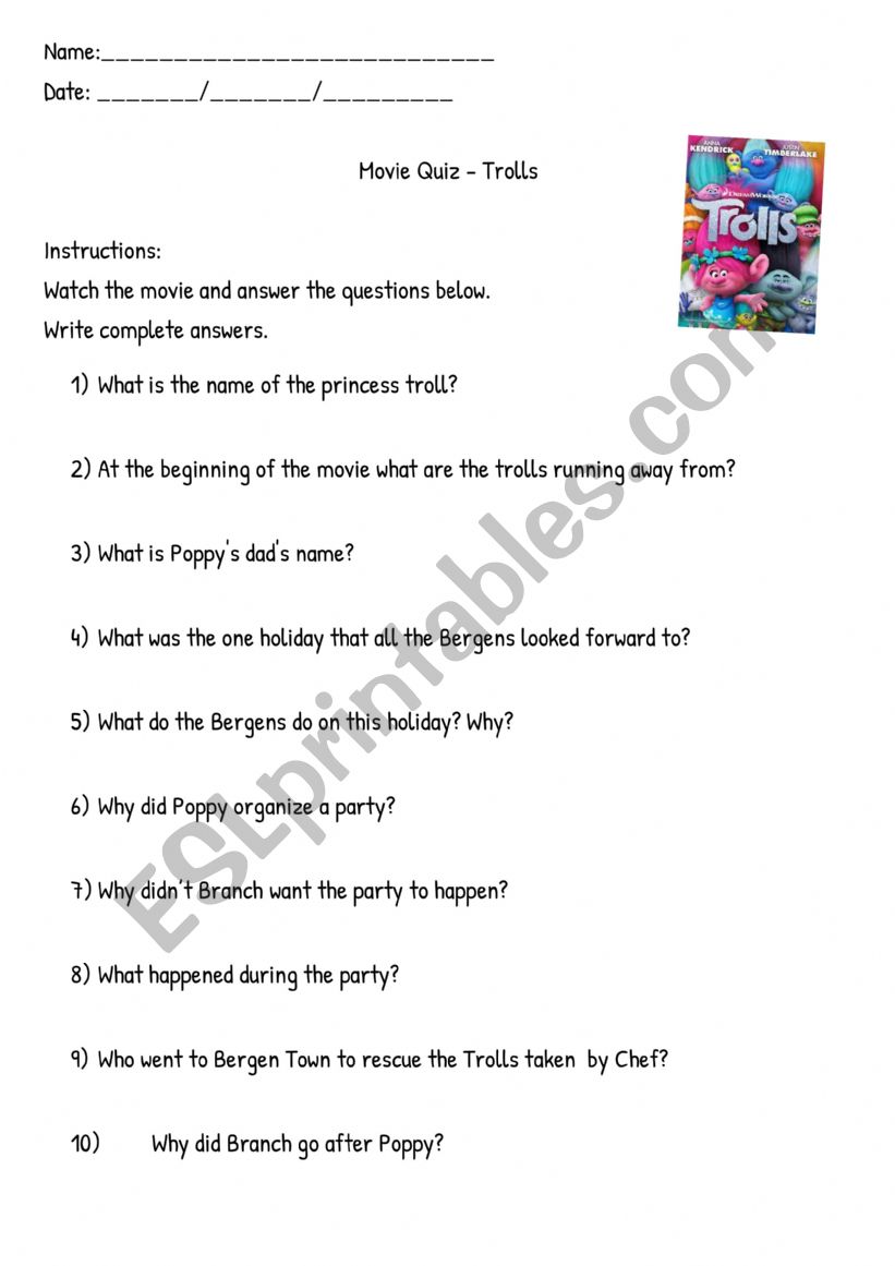 Trolls Movie Quizz  worksheet