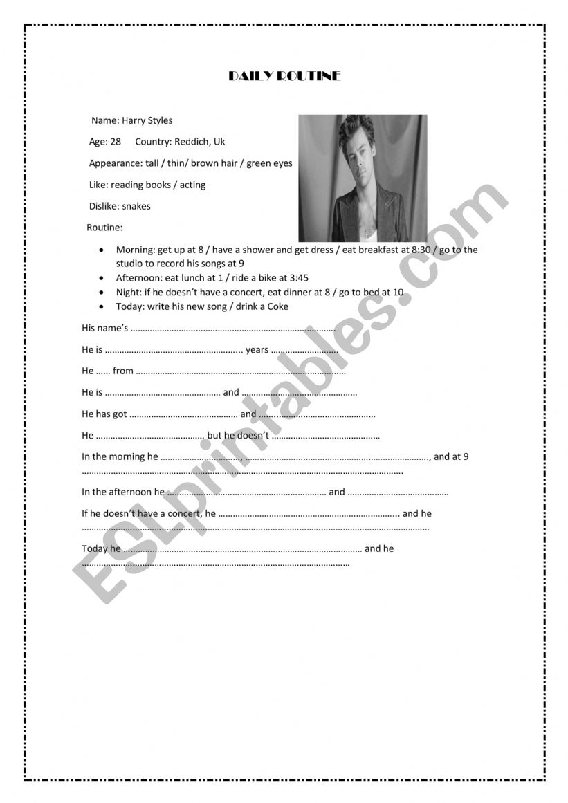 Harry Styles Daily Routine worksheet