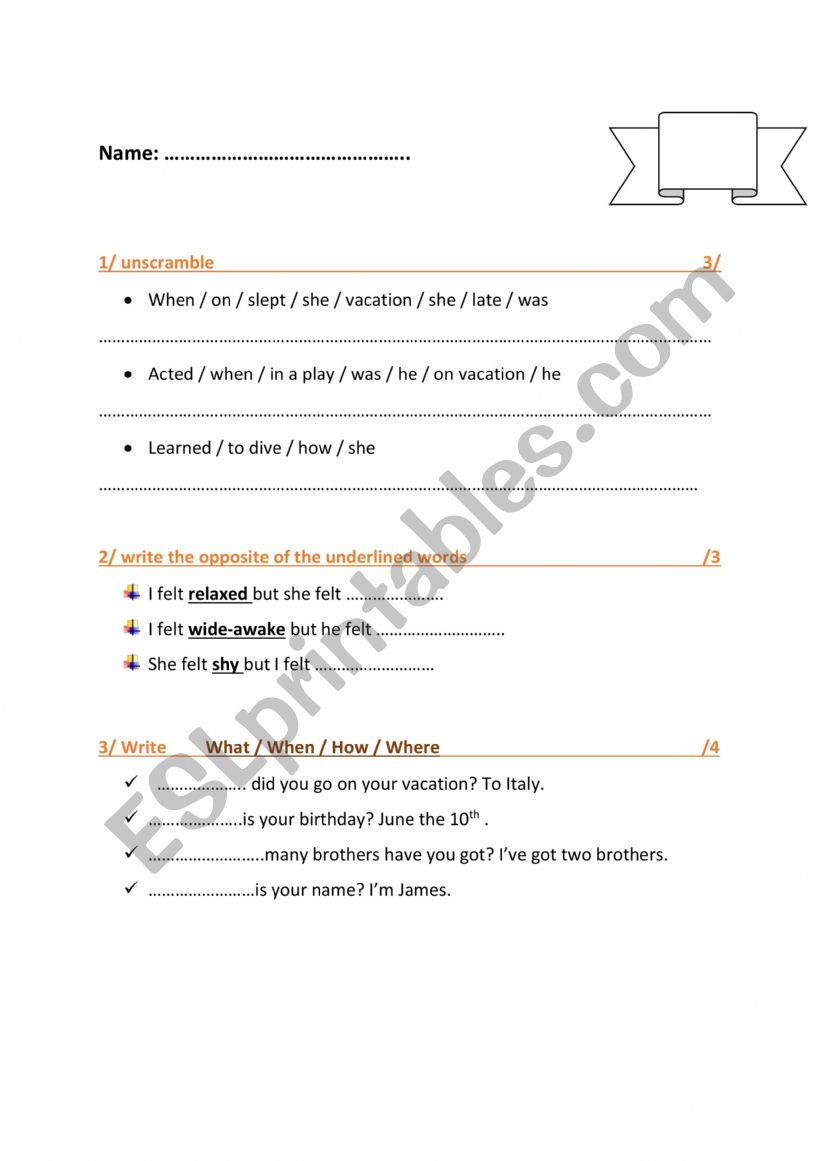 6th / 7th form test worksheet