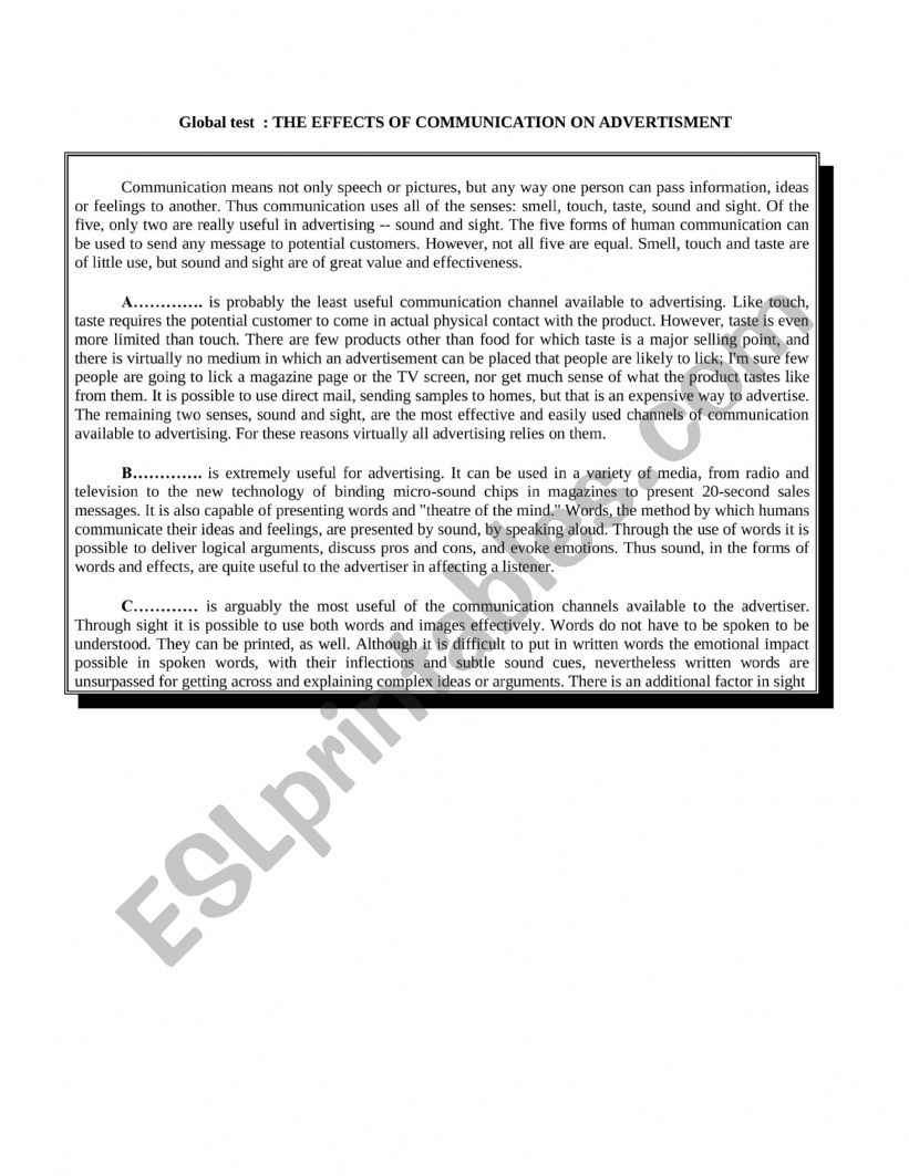 Global test THE EFFECTS OF COMMUNICATION ON ADVERTISMENT