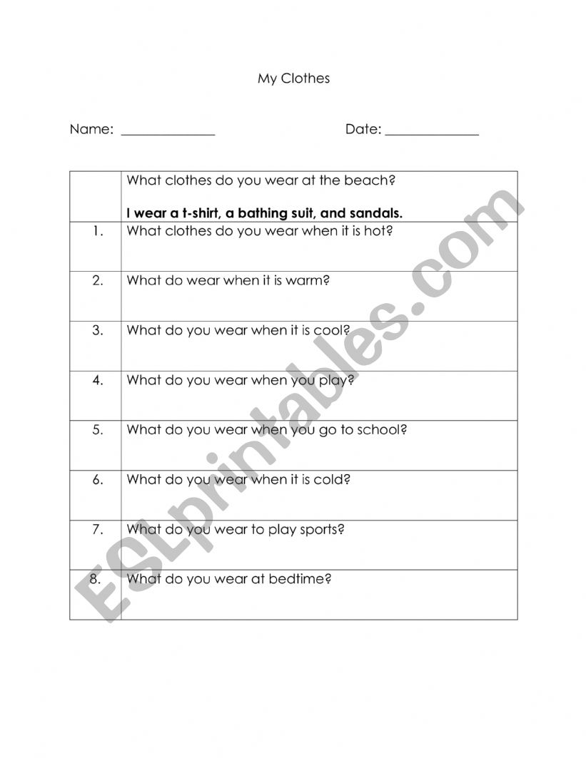 What clothes do you wear? worksheet