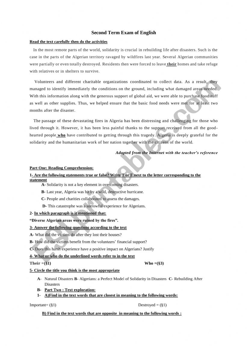 Exam worksheet