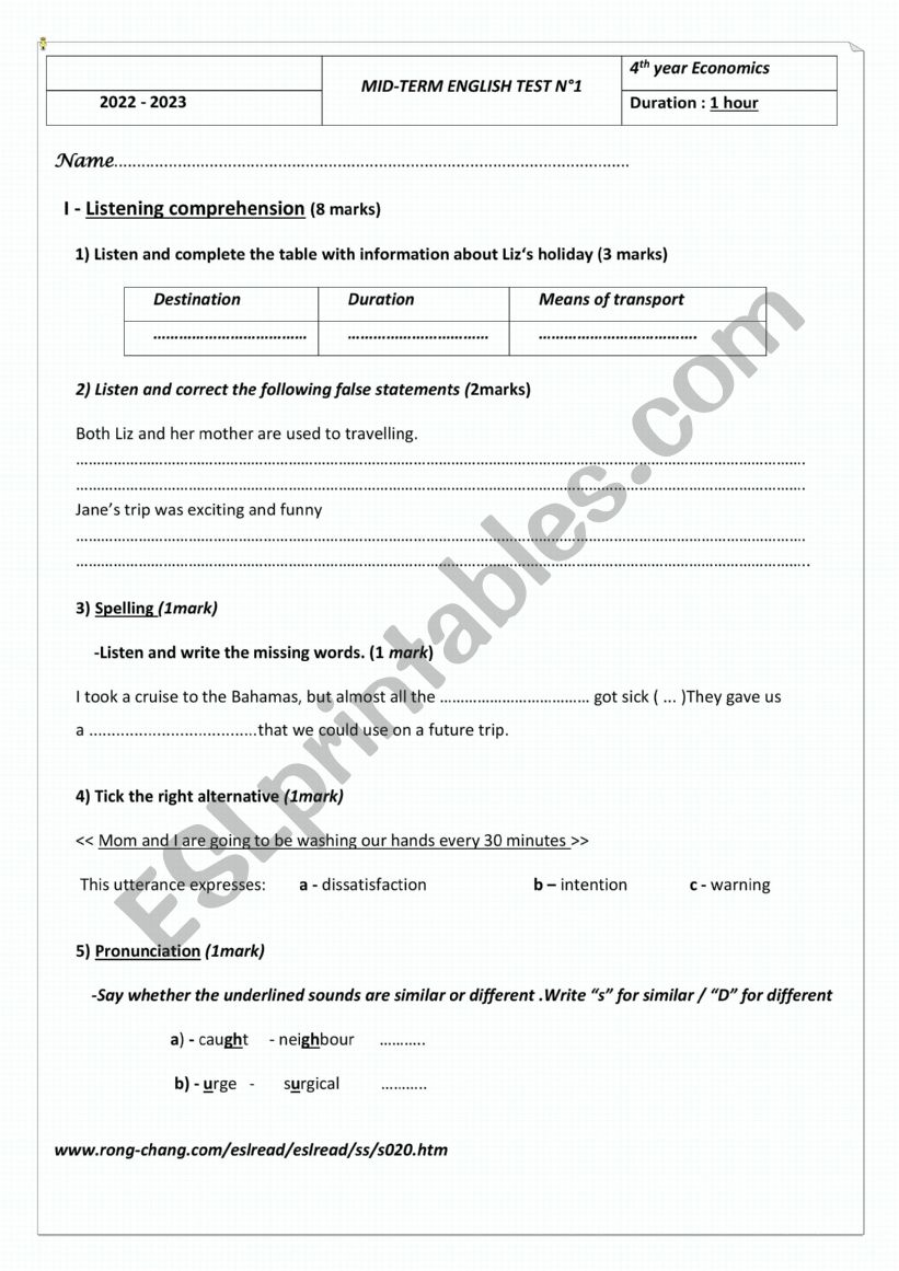 mid- term test n1 bac eco 2022